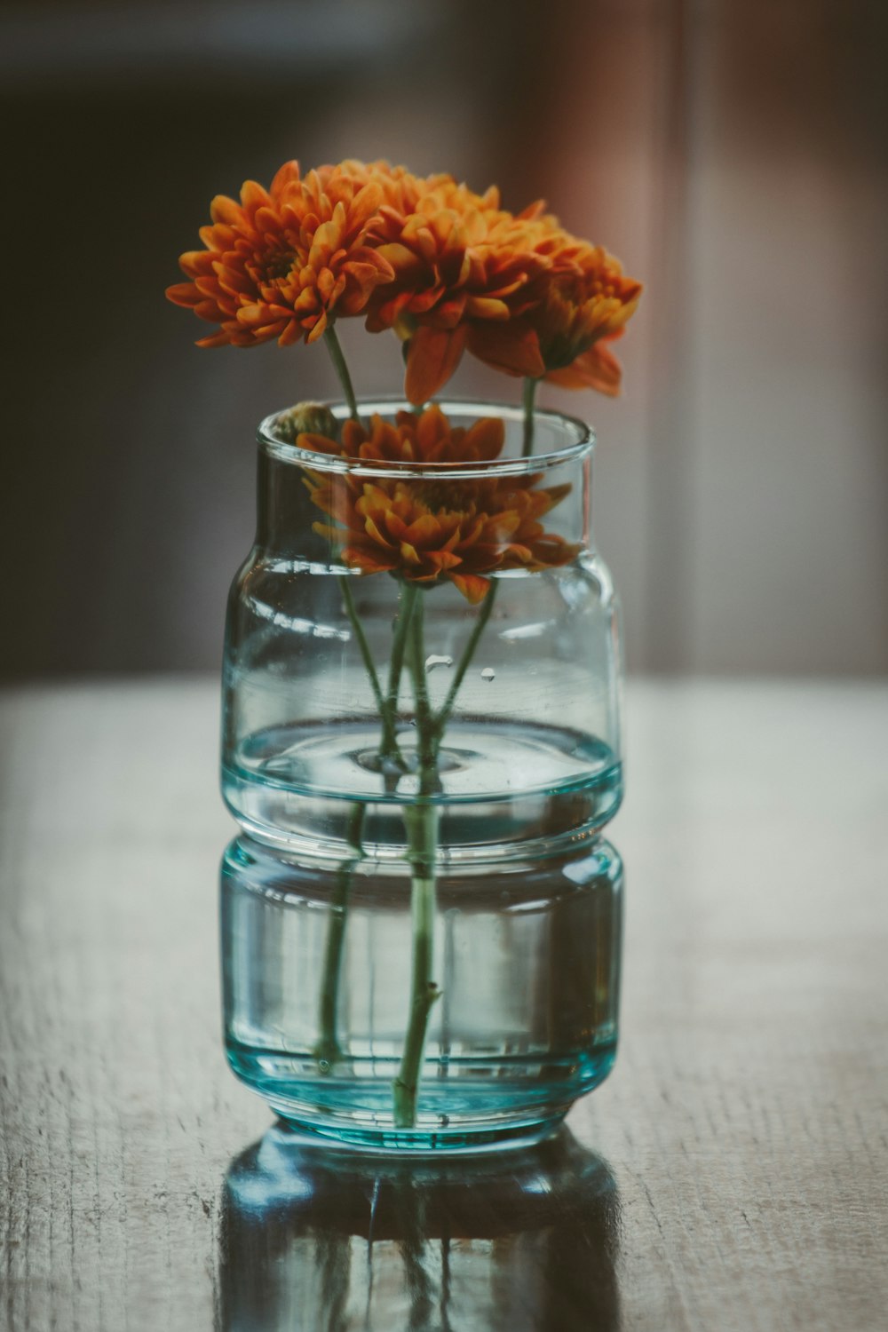 red cluster petaled flower in clear bottle