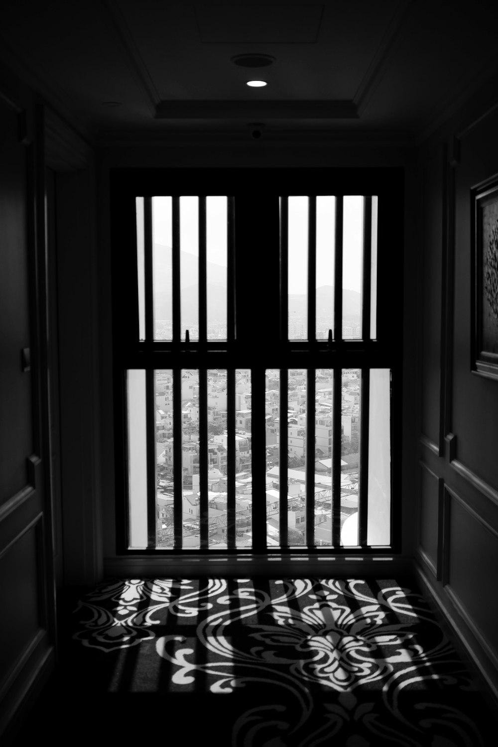 a black and white photo of a door and window