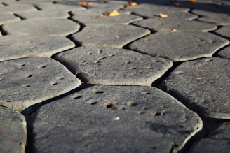 A close-up of a stone pavement composed of irregular, hexagonal gray stones. The surface is uneven, with small holes scattered across the individual stones. Sunlight casts shadows, adding contrast and texture to the image. A few small, dry leaves are visible scattered on the stones.