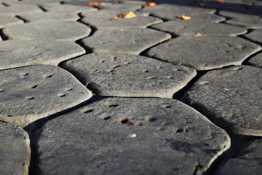 A close-up of a stone pavement composed of irregular, hexagonal gray stones. The surface is uneven, with small holes scattered across the individual stones. Sunlight casts shadows, adding contrast and texture to the image. A few small, dry leaves are visible scattered on the stones.
