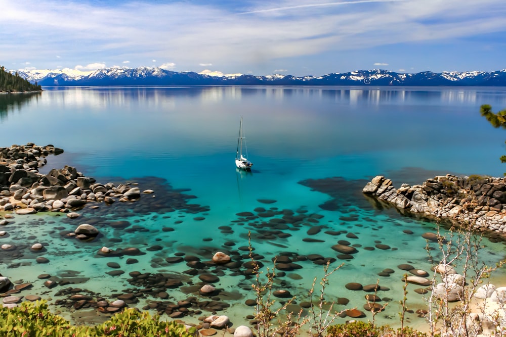 white boat on calm body of water