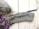 A crochet project in progress is displayed on a textured white wooden surface. There is a ball of gray yarn with a metallic sheen on the left side, accompanied by a teal-handled crochet hook inserted into the piece. Purple flowers are partially visible on the left.