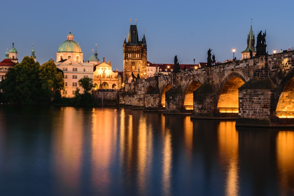 a bridge over a body of water with buildings in the background