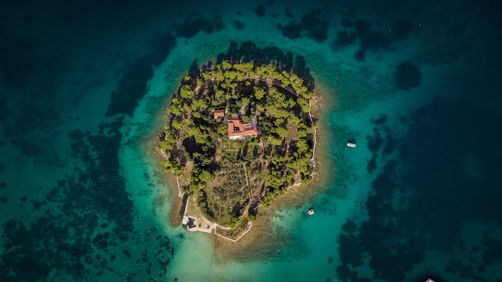 Luftaufnahme der Insel, die tagsüber vom Meer umgeben ist