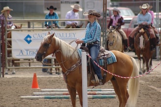 A horseback rider wearing a blue plaid shirt and cowboy hat is participating in an equestrian event. The rider is on a light brown horse with a white mane, standing next to a striped barrier. Several other riders on their horses are in the background, along with a couple of spectators in cowboy hats.