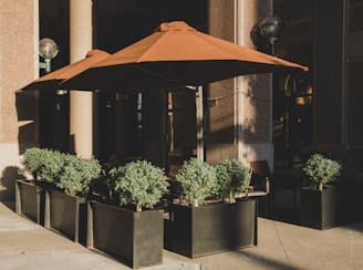 A close-up of durable outdoor umbrellas shading a corporate event seating area.