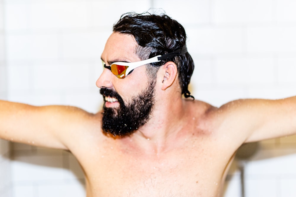 man in white swim goggles