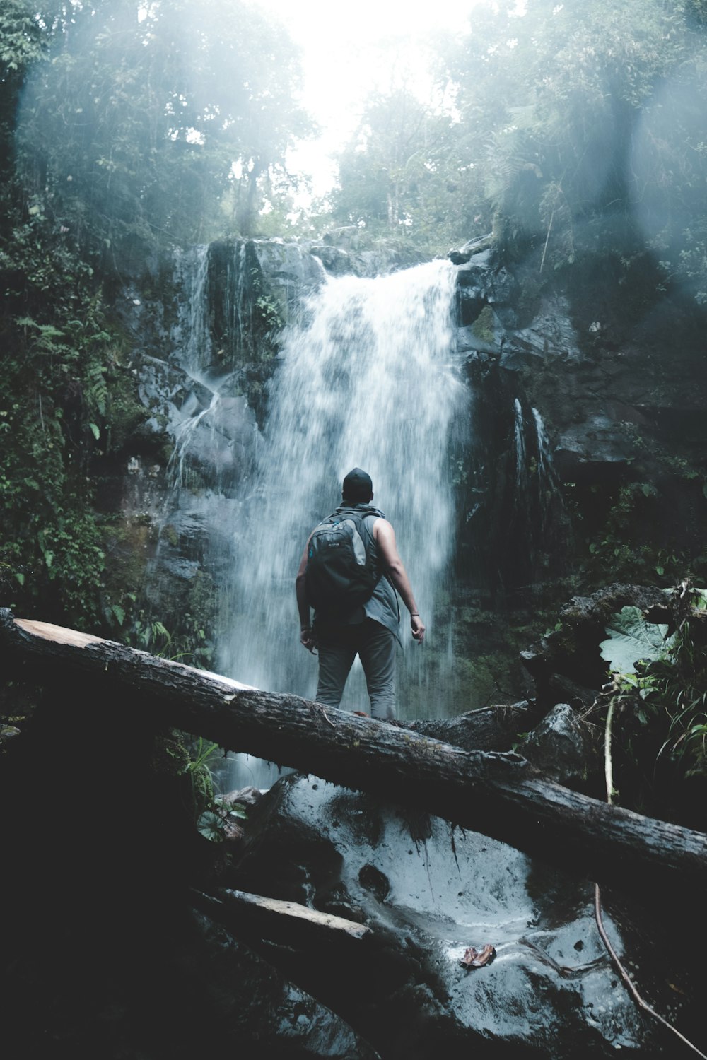 man on tree trunk near waterfalls