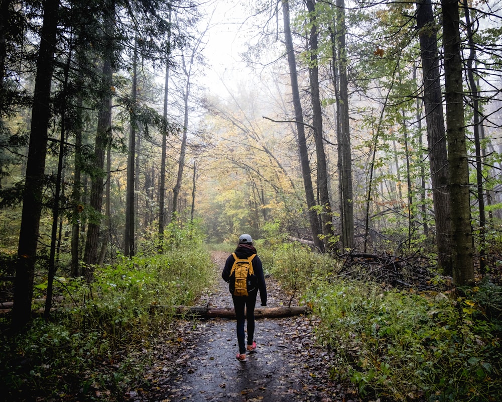 woman wearing black jacket and yellow backpack