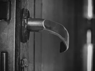 Close-up of a sleek modern steel door with a matte black finish and brushed steel handle, set against a charcoal wall.