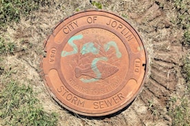 A circular storm sewer cover on a patch of grass, featuring engravings of a fish and aquatic plants. It is labeled with 'City of Joplin', 'No Dumping', and 'Drains to Stream'. The cover appears weathered with a rusty brown color.