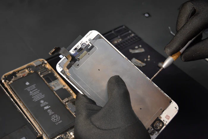 Person fixing a phone at a workbench
