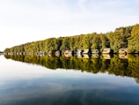 A serene lake with calm water reflecting a row of small wooden cabins and lush, green trees along the shoreline. The sky above is clear with a light cloud cover.