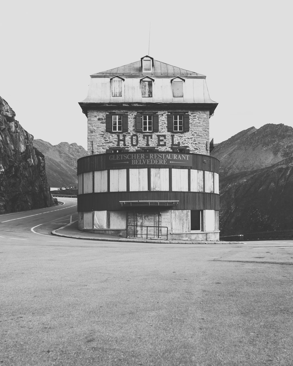 grey scale photography of Hotel