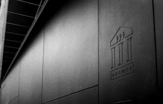 A black and white image featuring a minimalist architectural design with a prominent logo that resembles a stylized building or columns. The logo has the word 'DEEWE' along with a number '001' below it. The composition is sleek and modern, with a clean and textured surface.