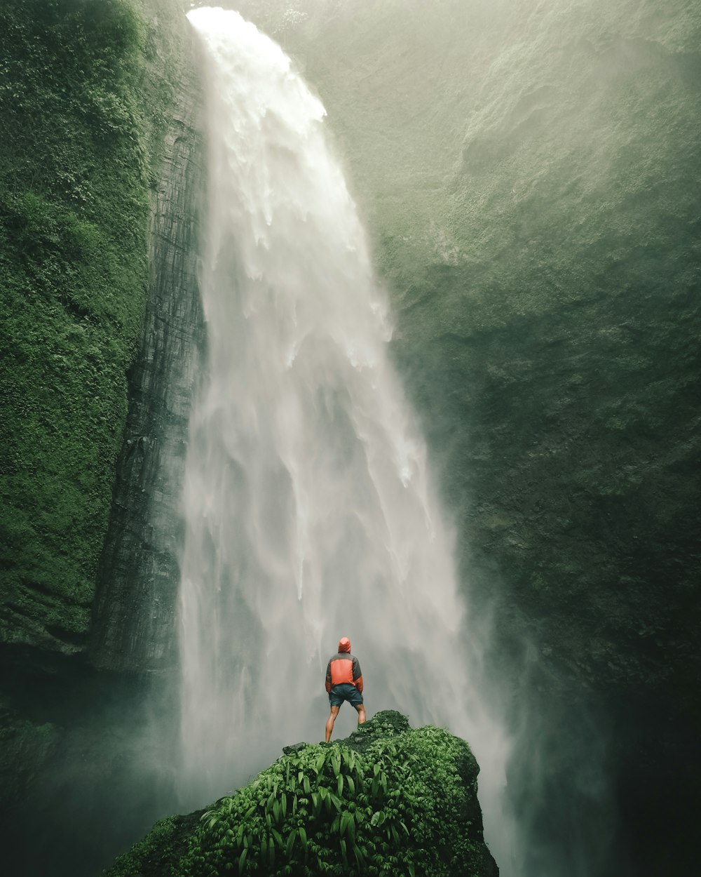 person standing front of water falls