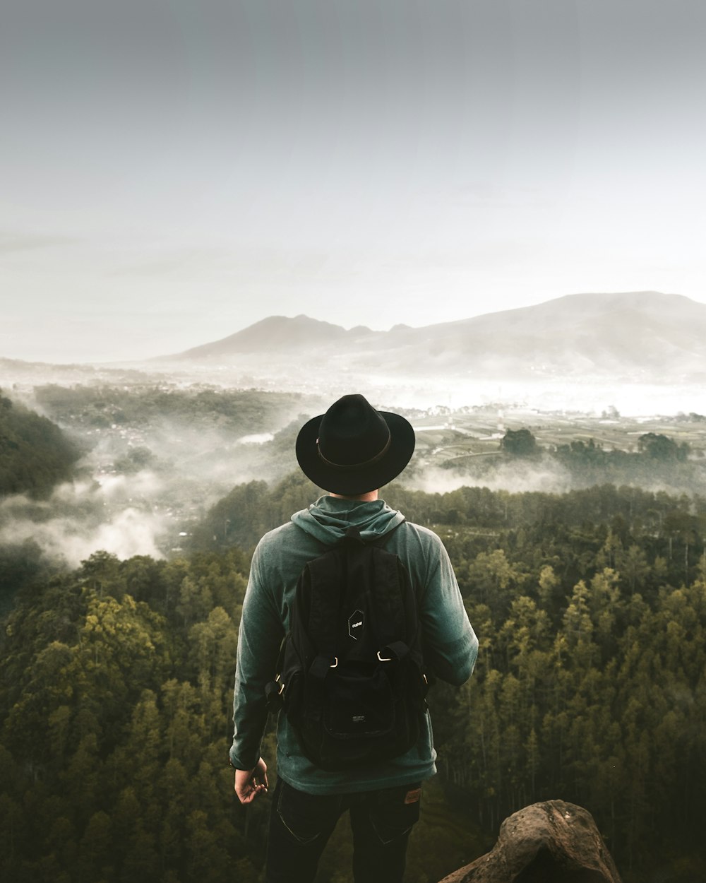 man standing on mountain top overlooking green-leafed trees at foggy daytime