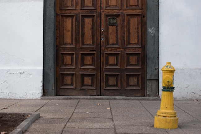 A wooden door with an intricate pattern surrounded by white walls. The base of the wall is slightly weathered, and there is a bright yellow fire hydrant on the sidewalk.