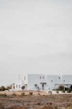A modern, minimalist white house sits in an open, arid landscape with sparse vegetation. The building features clean lines and rectangular shapes, blending with the serene surroundings under a pale, overcast sky.