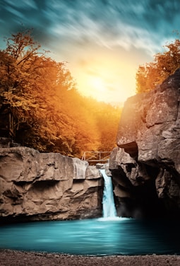 water falls during golden hour