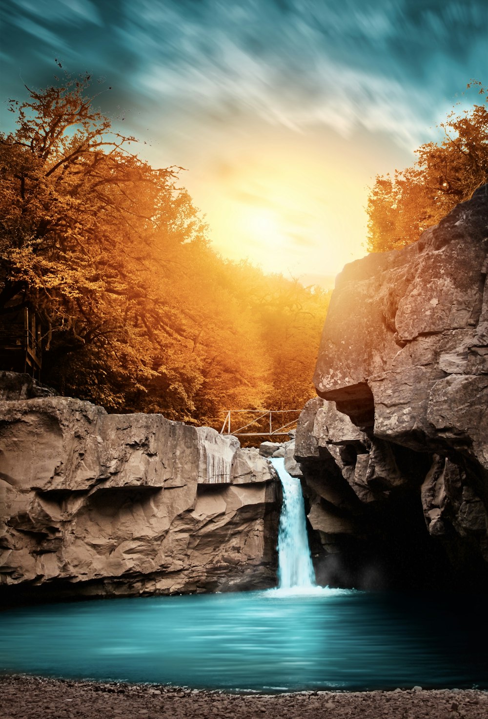 water falls during golden hour