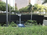 A modern urban setting with a serene garden courtyard featuring a waterfall cascading into a circular pool. Tall palm trees and lush green plants create an oasis-like atmosphere amidst the surrounding high-rise buildings. The area is well-maintained and offers a peaceful retreat from the bustling city.