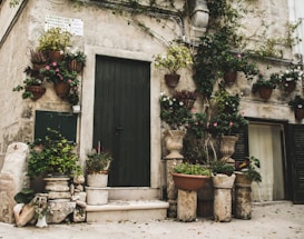 A quaint stone building facade adorned with numerous potted plants. The structure features a dark green door and shutters, set against weathered, cream-colored stone walls. Lush greenery and vibrant flowers spill from various pots, creating a serene and rustic atmosphere. The presence of a sign in Italian adds a cultural touch.