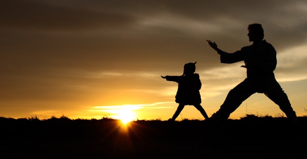 An outdoor martial arts class practicing kicks on a grassy field at sunset.