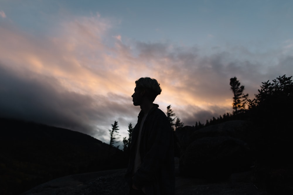 man's silhouette near trees at golden house