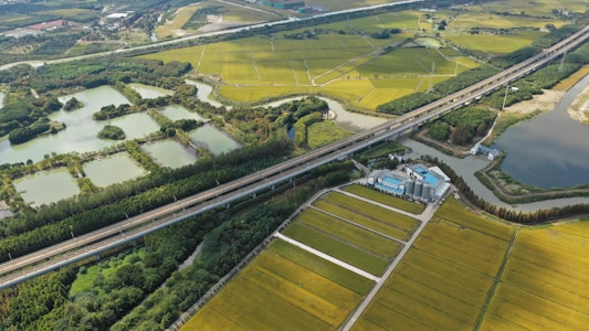 Aerial view of a rural landscape featuring a network of fields with green and yellow crops, intersected by a highway. Several bodies of water are scattered throughout the scenery, bordered by clusters of trees. There is also a group of industrial buildings situated near the road.