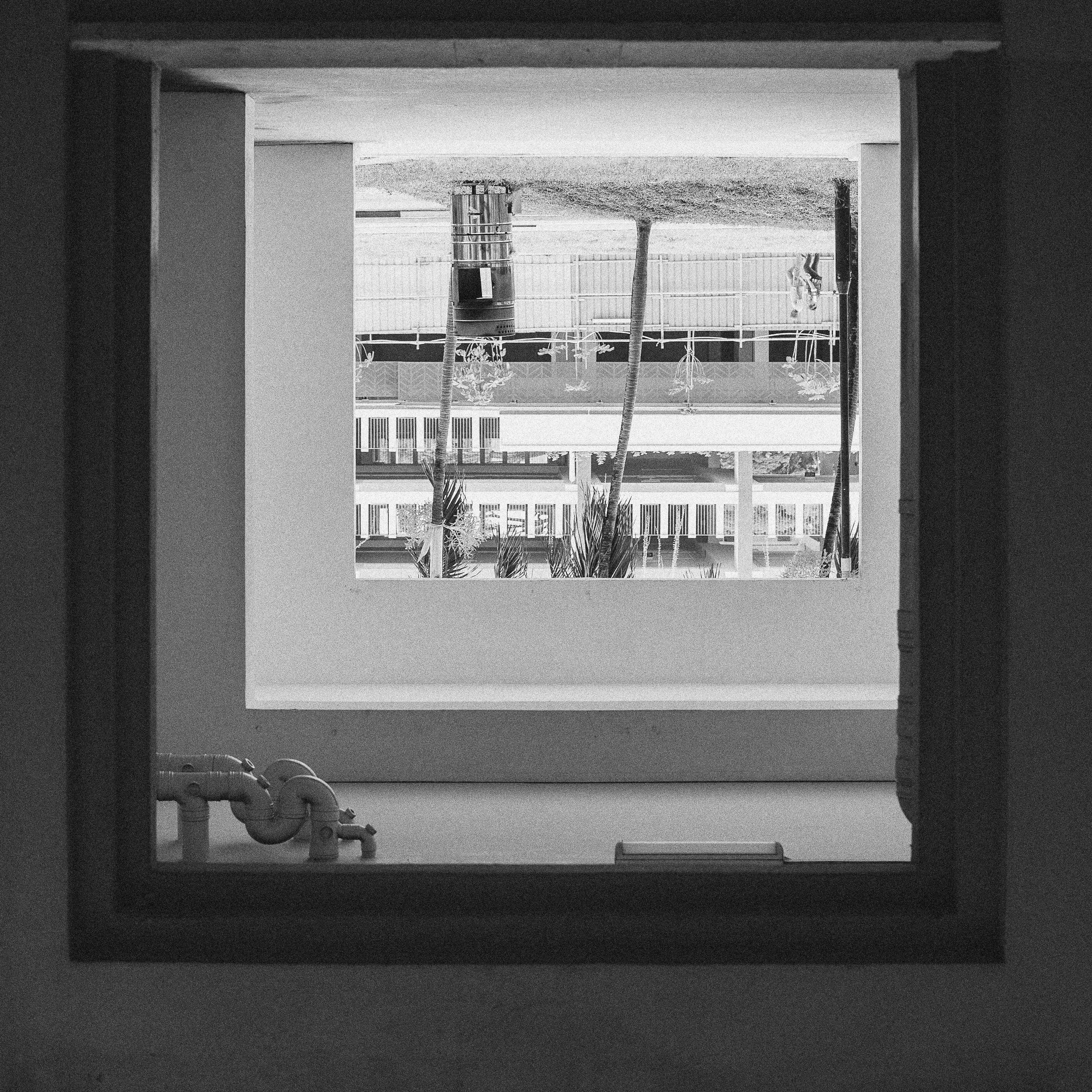 grayscale photography of window