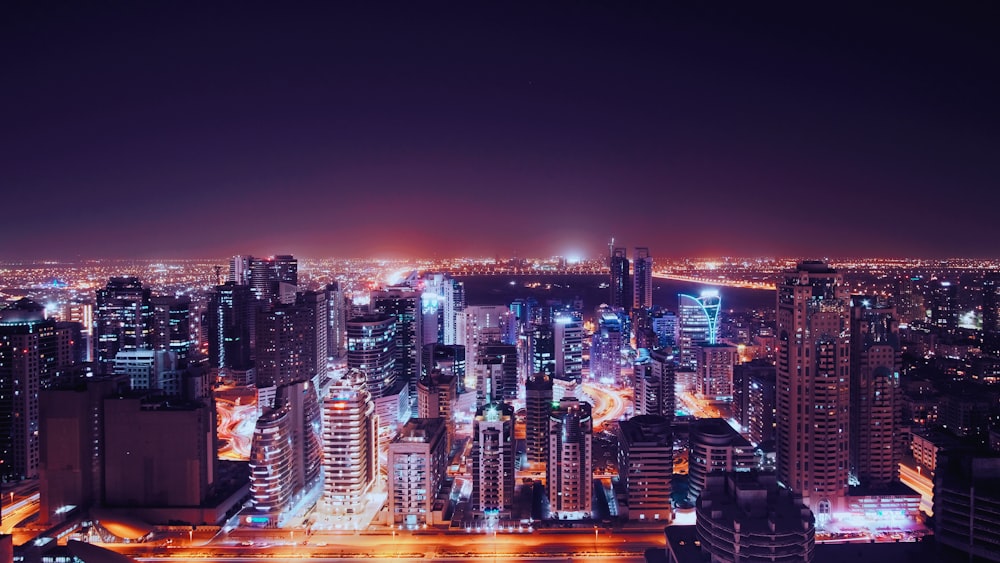 high angle photography of city during night time