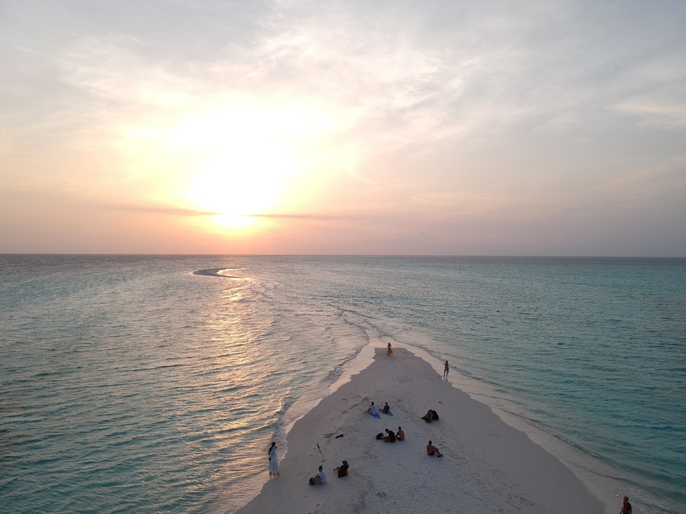 fotografia aérea de pessoas à beira-mar durante o pôr do sol