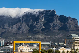 A panoramic view of Cape Town with Table Mountain towering behind the city.