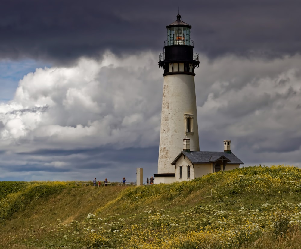 white and black lighthouse on top of a hill