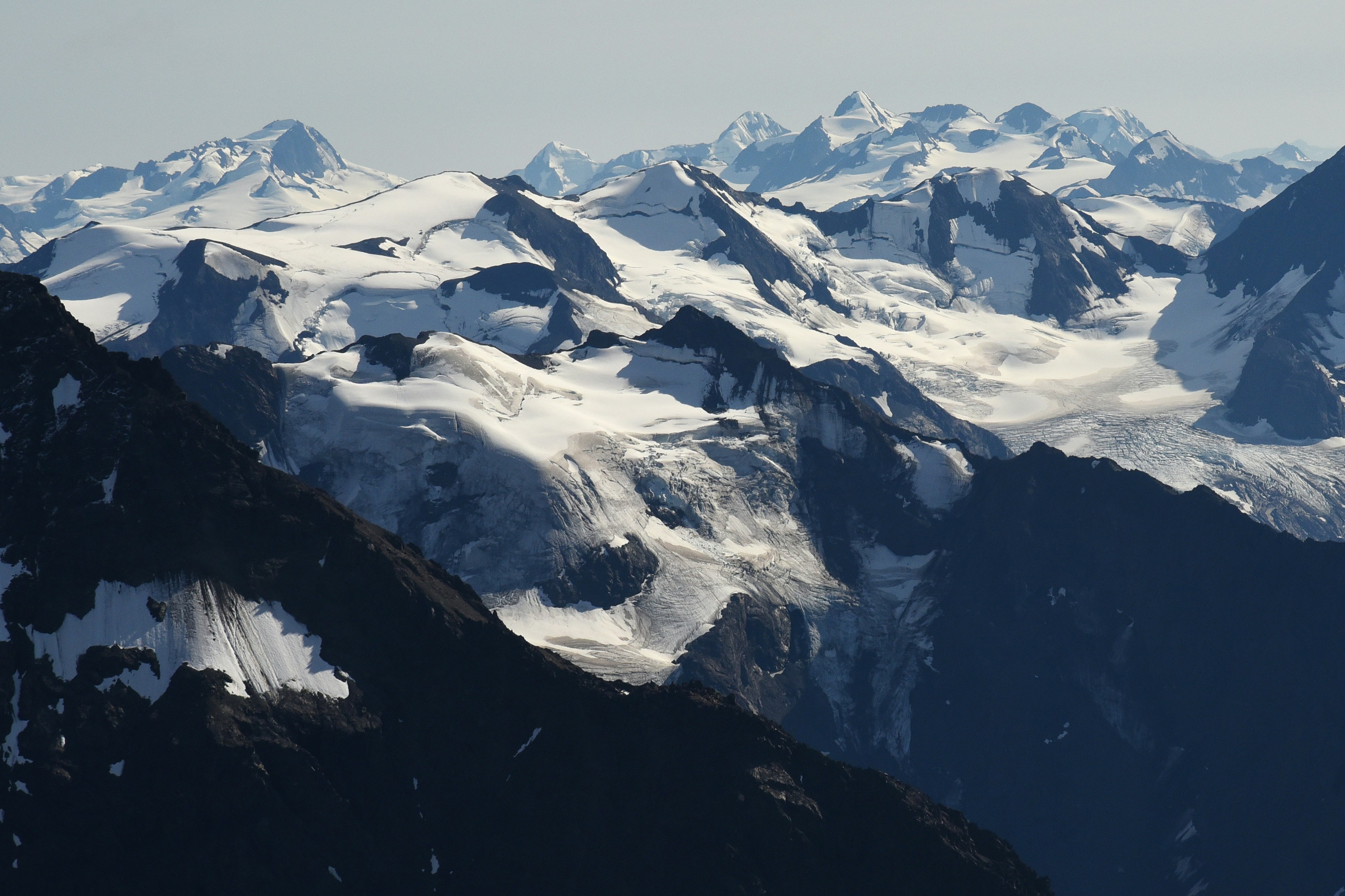 snow covered mountains, The craggy summits, icefields and glaciers of the central Chugach Mountains, as seen from the summit of Bold Peak.
