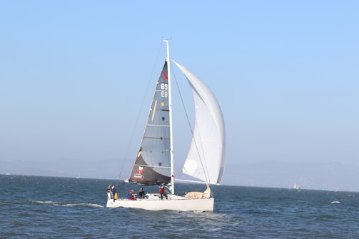 A sailboat glides on a vast body of water under clear blue skies. The boat is equipped with a tall mast and black sails with distinct markings. Several people are visible on the deck, actively managing the boat. The background reveals a faint shoreline with some hills or mountains.