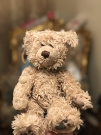 A plush teddy bear with a shaggy, light brown fur texture, seated against a blurred indoor background. The bear’s nose and the pads on its feet are darker brown, adding contrast to the soft, fuzzy appearance.