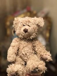 A soft plush teddy bear sitting against a sleek black backdrop.