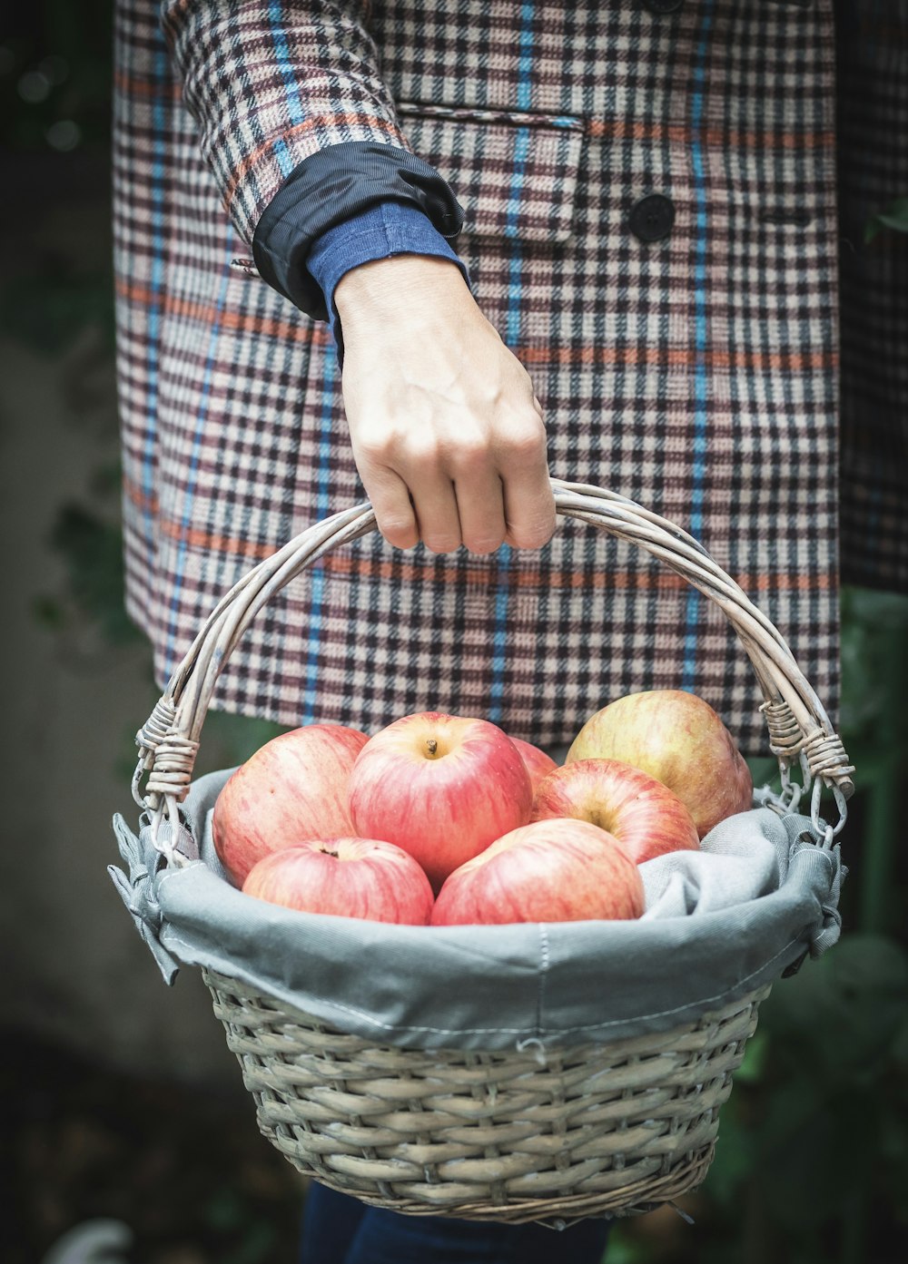 mulher segurando a cesta de frutas da maçã