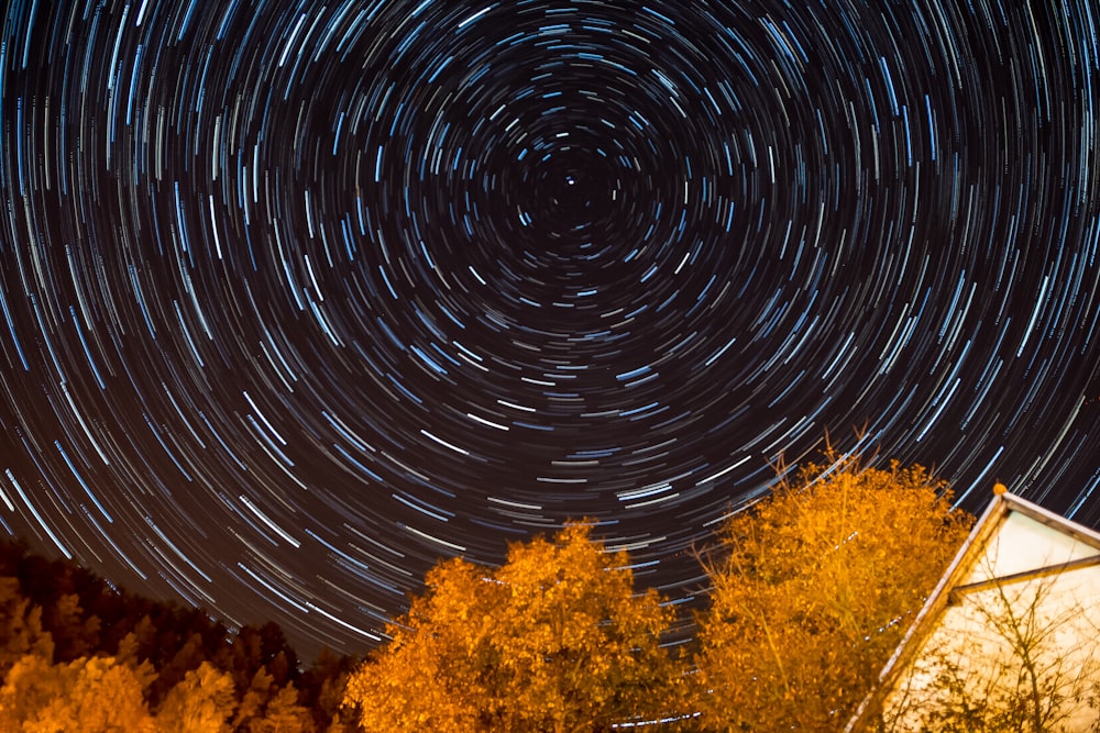 white house surrounded by trees under gray and white sky with full of stars