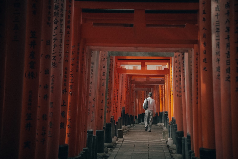 Persona che cammina tra i torii