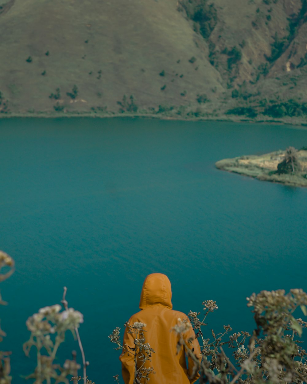 person standing on high grounds looking at calm waters