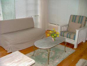 Cozy seating area with plush armchairs and a lemon-themed decor.