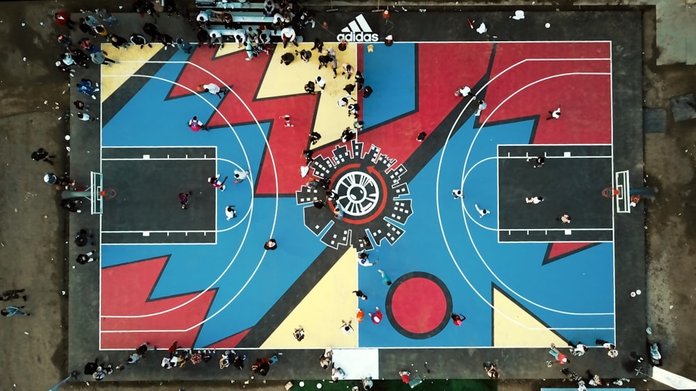 aerial photography of blue, red, and white basketball court
