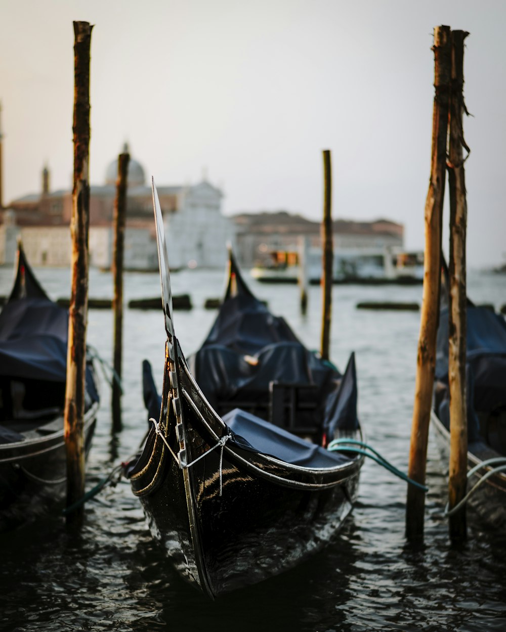 black boat in body of water near poles