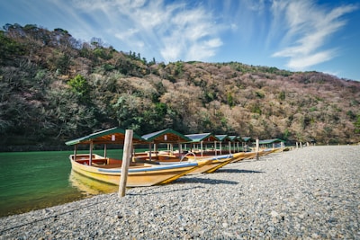 Several wooden boats with canopies are docked on a pebble-covered shore alongside a calm, green river. Behind the boats, there is a lush forested hillside topped by a blue sky adorned with wispy clouds.