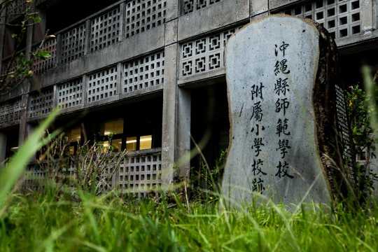 gray concrete tombstone on green grass in Okinawa Prefectural University of Arts Japan