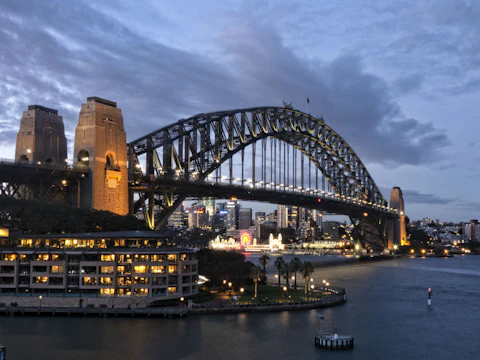 A panoramic view of a sleek steel bridge illuminated at dusk, symbolizing strength and precision.