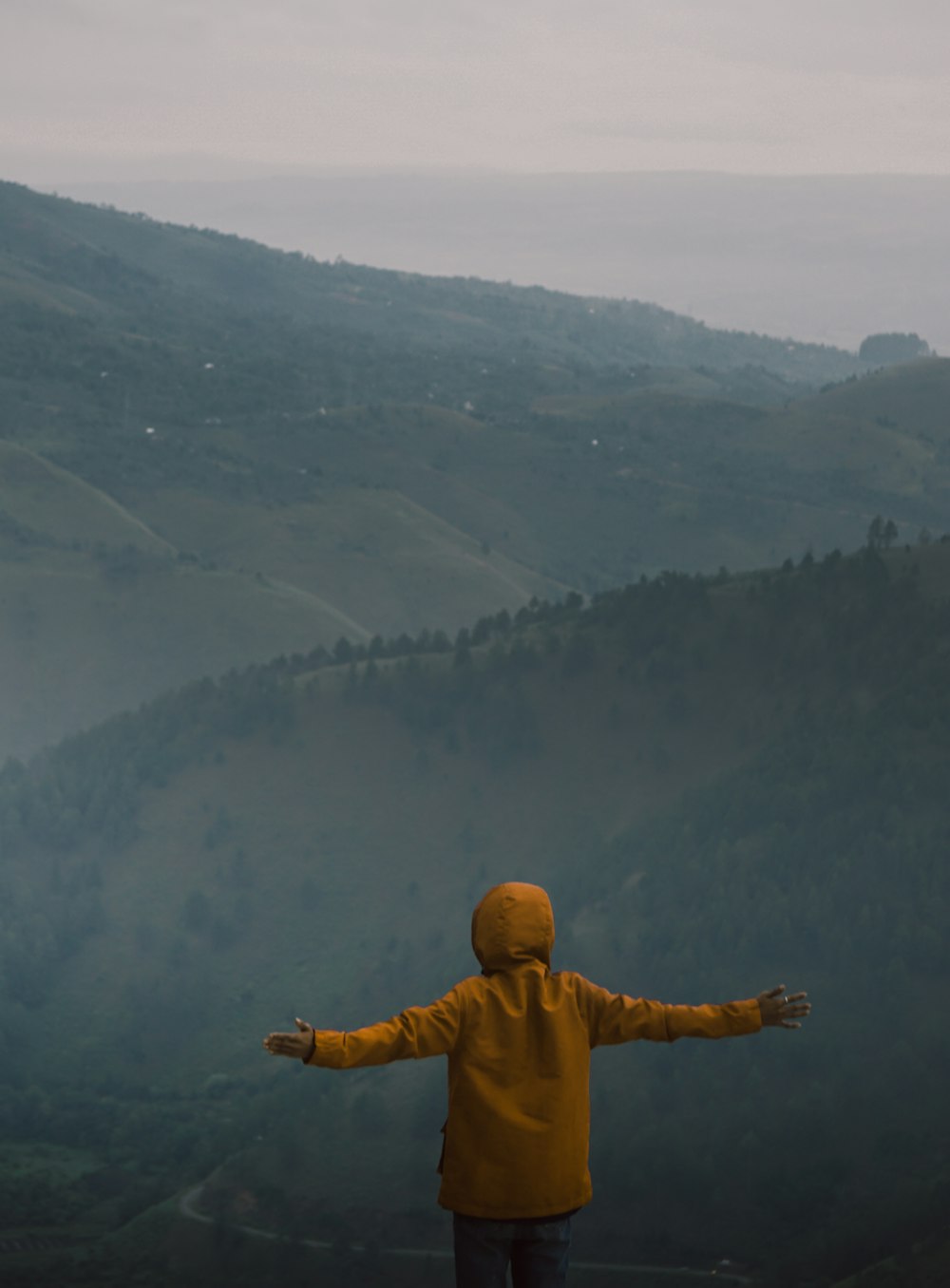 person wearing yellow hooded jacket standing and raising both hands